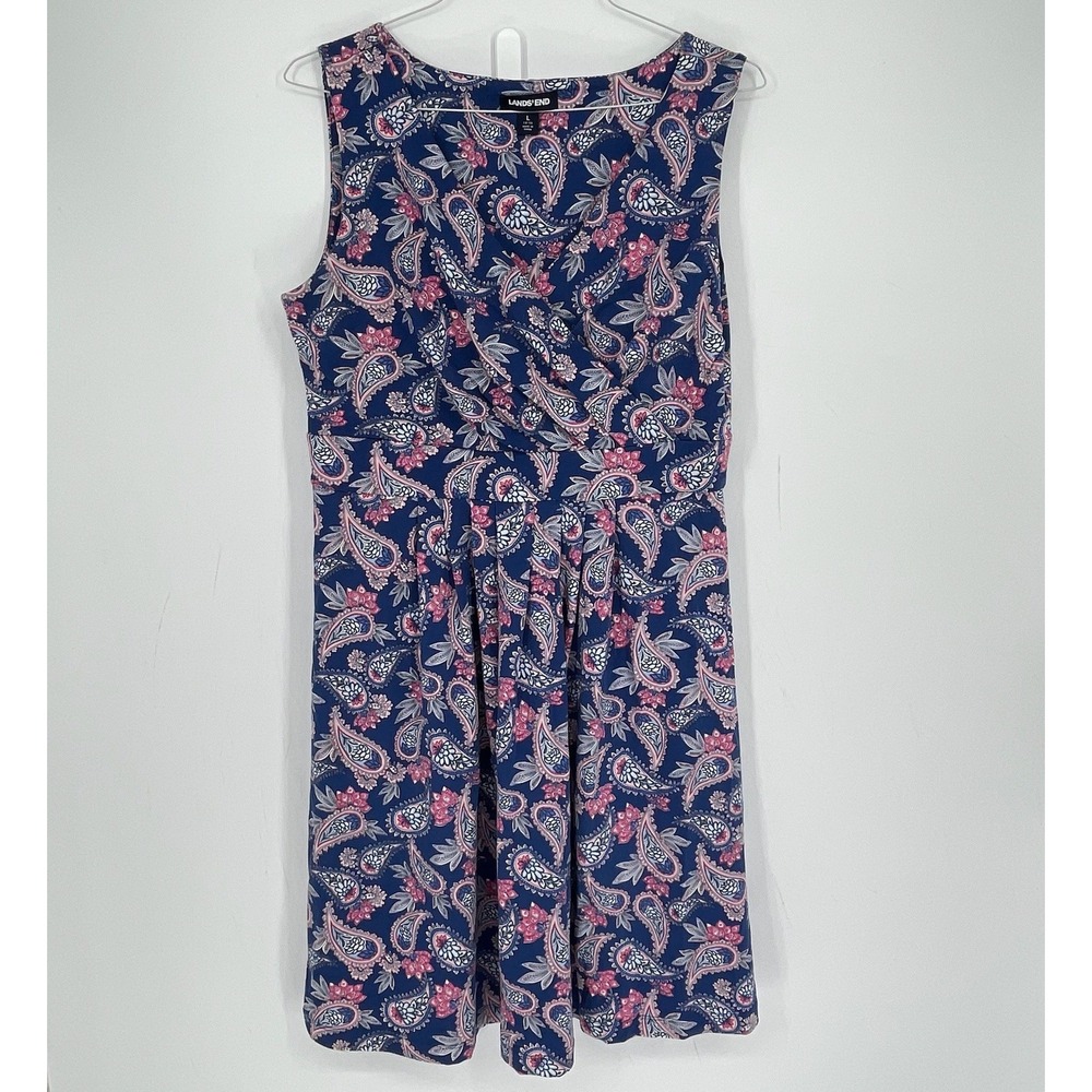 Lands' End Women's Blue Paisley Pima Cotton Blend Sleeveless Dress Size L 14-16